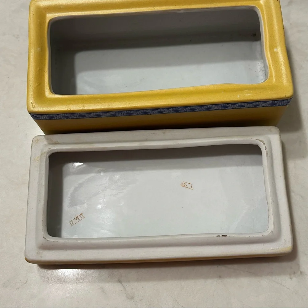 Mid Century Modern Handpainted Ceramic Yellow Trinket Box Blue Chairs